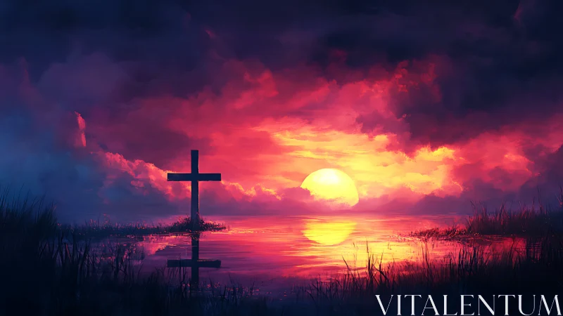 Crimson twilight cross over a glowing mirrored sunset lake.