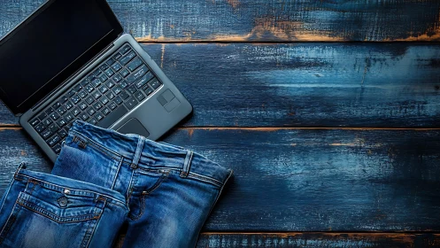 Laptop and Denim Flatlay on Weathered Blue Wooden Surface.