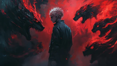 Solitary antihero confronts spectral hellhounds in red vapor field