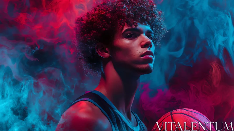 Basketball portrait glows in red and blue neon smoke