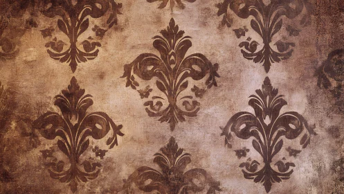 Damask motif repeats on worn, textured brown background