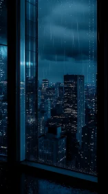 High-rise window view of rainy illuminated cityscape at night.