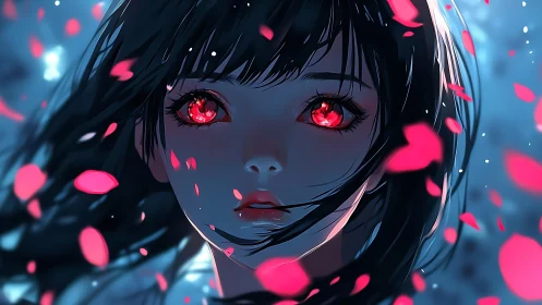 Anime portrait with luminous red eyes and drifting petals.