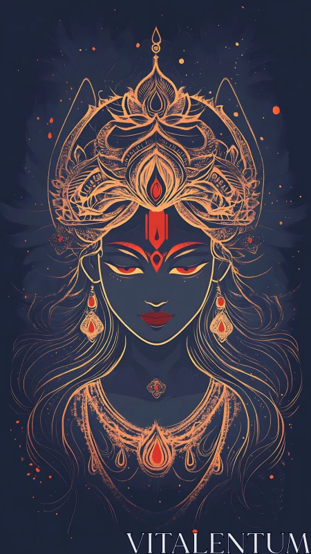 Ornate stylized female figure with crown and jewelry.