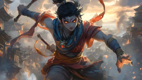 Warrior figure with glowing eyes over burning cityscape.