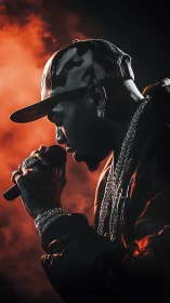 Side-lit rapper in smoky stage atmosphere with dramatic contrast