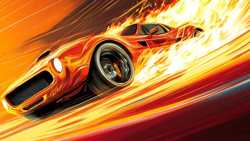 Blazing muscle car bursts forward in a trail of fire