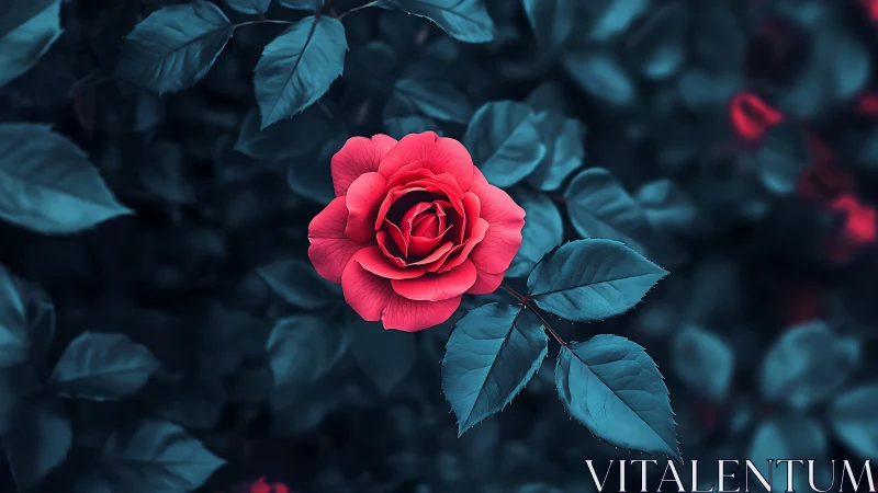 Crimson Rose Blooms Against Moody Teal Garden.