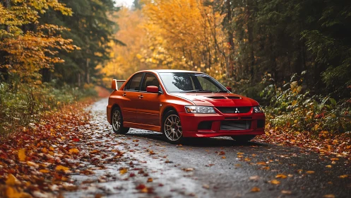 Red Mitsubishi Lancer Evolution parked on wet autumn forest road