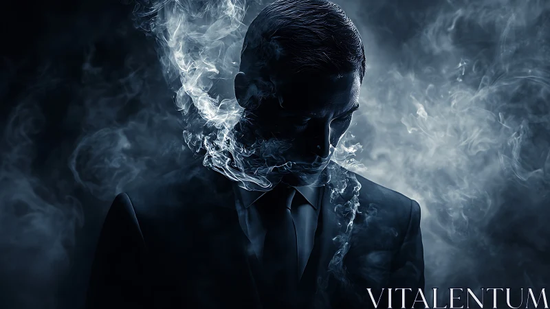 Smoky silhouette portrait of suited man in moody blue light.