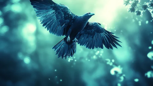 Majestic Eagle in Flight Over Dreamy Forest, Digital Art Style.