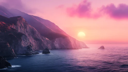 Coastal cliffs and sun over calm ocean at pastel dusk.