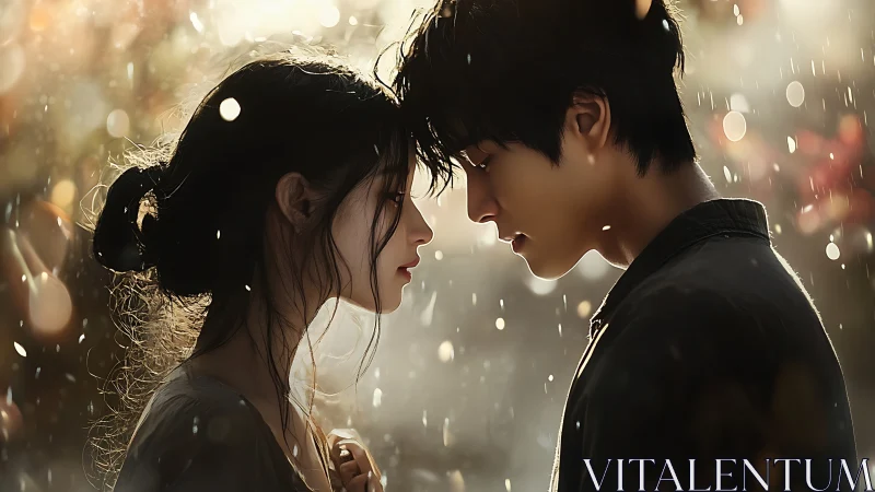 Two silhouettes face each other in rain, bathed in golden bokeh light.