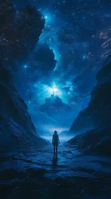 Silhouetted figure observes a luminous cosmic rift in blue
