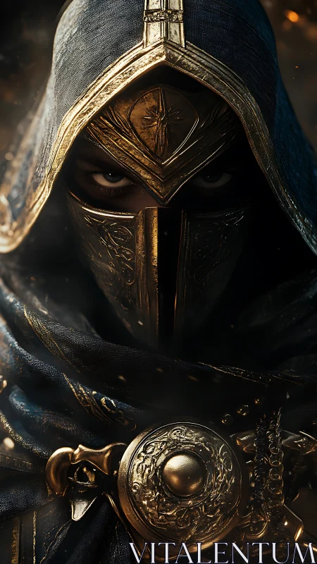 Hooded gold-masked sentinel framed by burning shadows.
