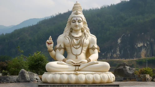 Mountain valley Shiva statue resting in soft, quiet light.