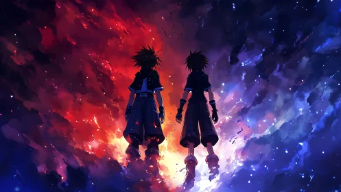 Silhouetted twin figures before divided red blue nebula sky.