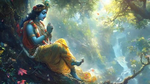 Divine blue figure meditates in luminous forest canyon