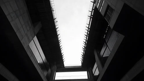 Upward view welcomes calm light between bold city towers