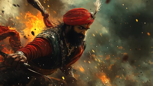 Flaming war clouds chase the turbaned warrior’s fierce charge