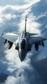 Jet fighter flies over cloud-covered snowy mountain range