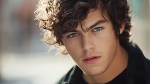 Curly haired young man gazes forward in soft daylight
