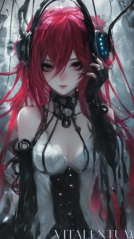 Cybernetic anime siren framed by cables in cold neon haze