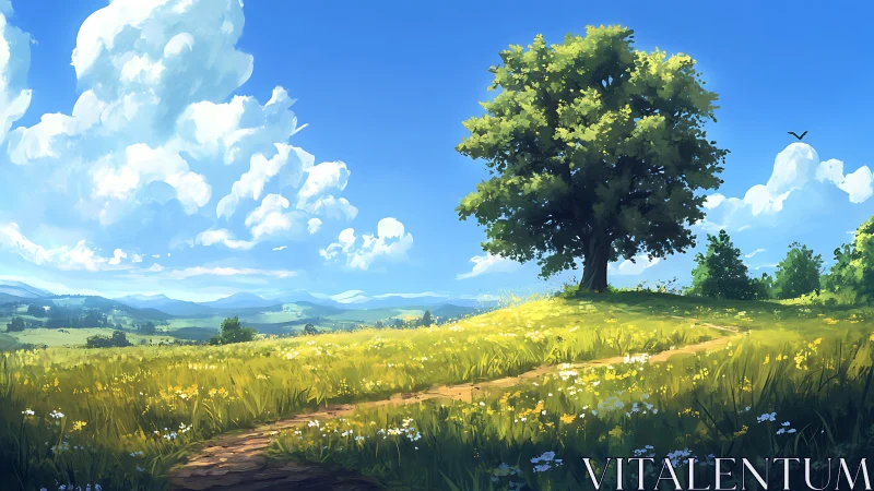 Lone tree stands in bright meadow under expansive clouds