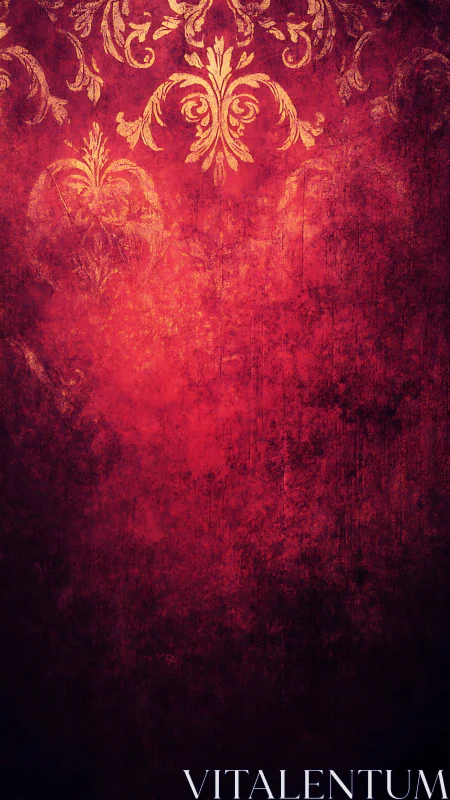 Vintage red damask wall glows with worn golden elegance