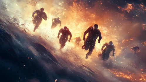 Silhouetted soldiers charge through firestorm on burning slope.