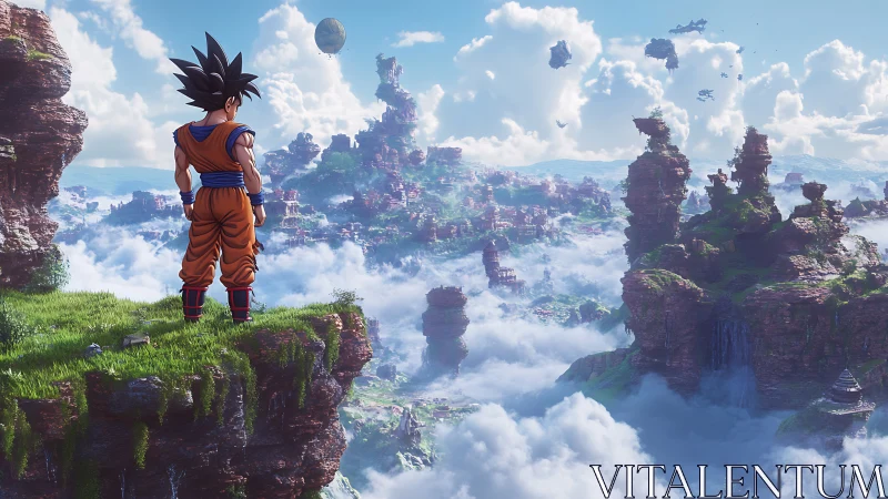 Heroic fighter surveying a floating cloud kingdom landscape.