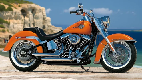 Orange cruiser motorcycle parked by clear blue seaside.