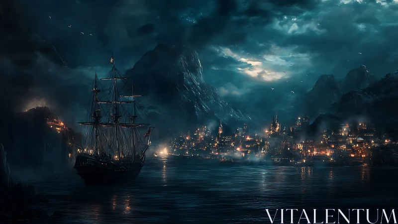 Moonlit harbor welcomes a lone tall ship to glowing shores.
