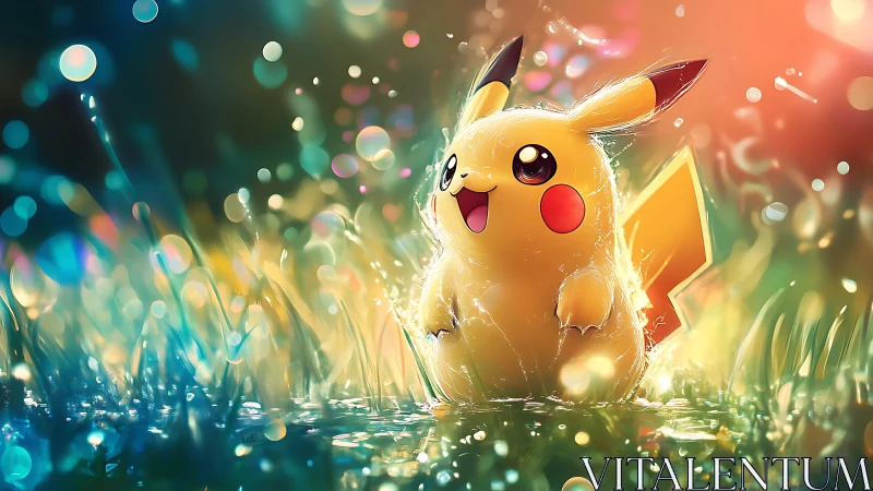 Pikachu rendered in luminous wet grass with bokeh light.