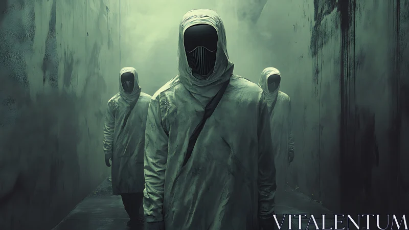 Hooded masked figures walking through dark misty alley.