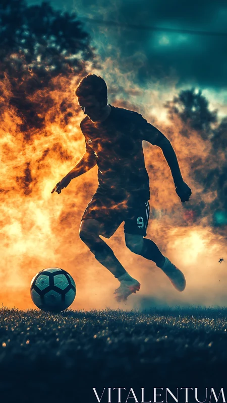 Silhouetted soccer forward dribbles through fiery backlight.