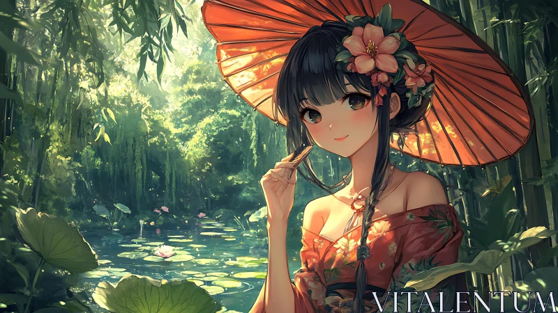 Woman with parasol beside pond in dense bamboo forest scene.