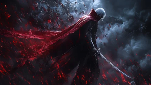 Volcanic storm swordsman in high-contrast digital chiaroscuro.