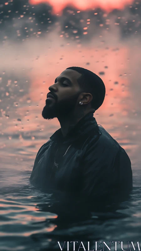 Man stands chest-deep in water at dusk under pink sky