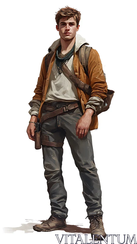 Young rugged explorer character in layered outdoor clothing