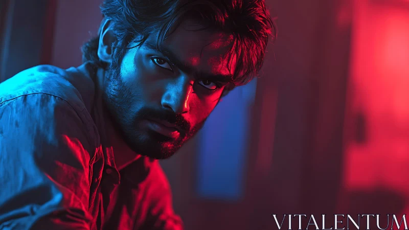 Moody portrait under neon blue and red cinematic lighting.