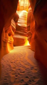 Glowing sandstone canyon tunnel opens toward gentle desert light