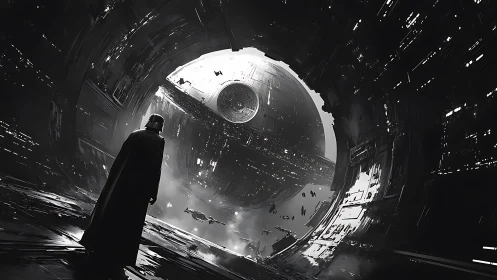 Lone figure gazes at immense spherical star station in space