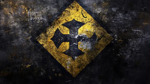 Worn yellow cross emblem glows over dark industrial metal