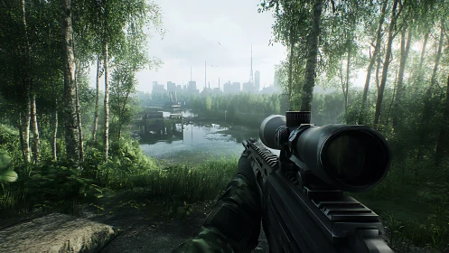 Sniper rifle aims across swamp toward distant modern city