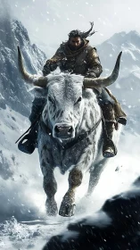Mountaineer on charging yak amid dynamic alpine blizzard.