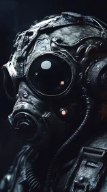 War-torn cyber soldier in corroded respirator armor.