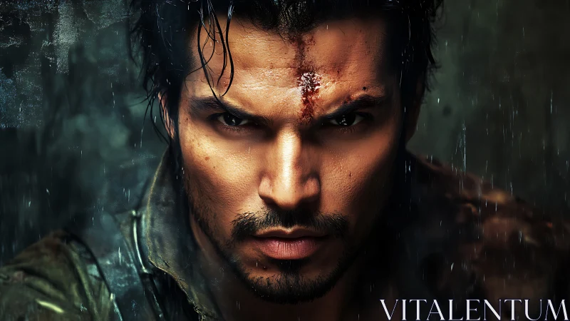 Storm-scarred warrior glaring through the rain-soaked chaos.