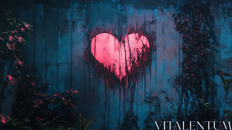 Neon Heart on Weathered Wall with Botanical Frame.