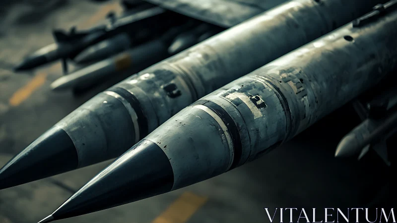 Close-up view of weathered aircraft missiles on rack.